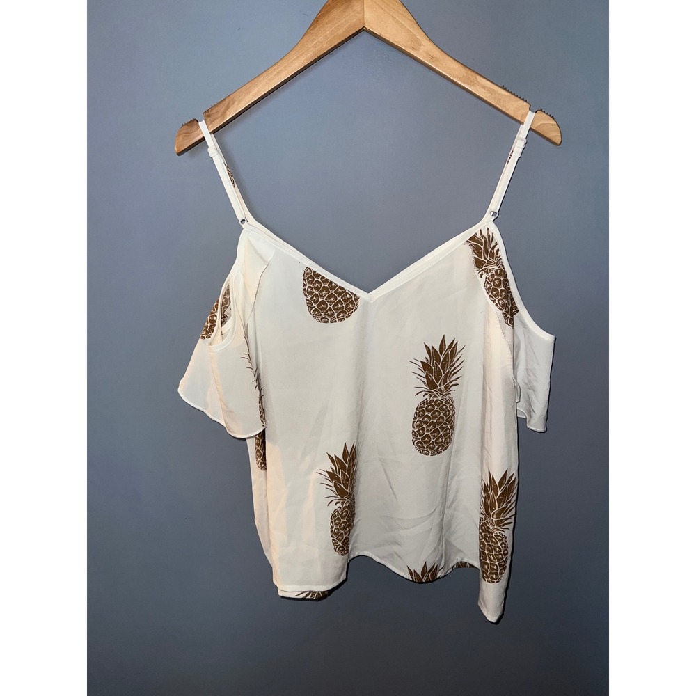 White Pineapple Print Cold Shoulder Cami Top Brown Fruit Pattern Ruffle Blouse